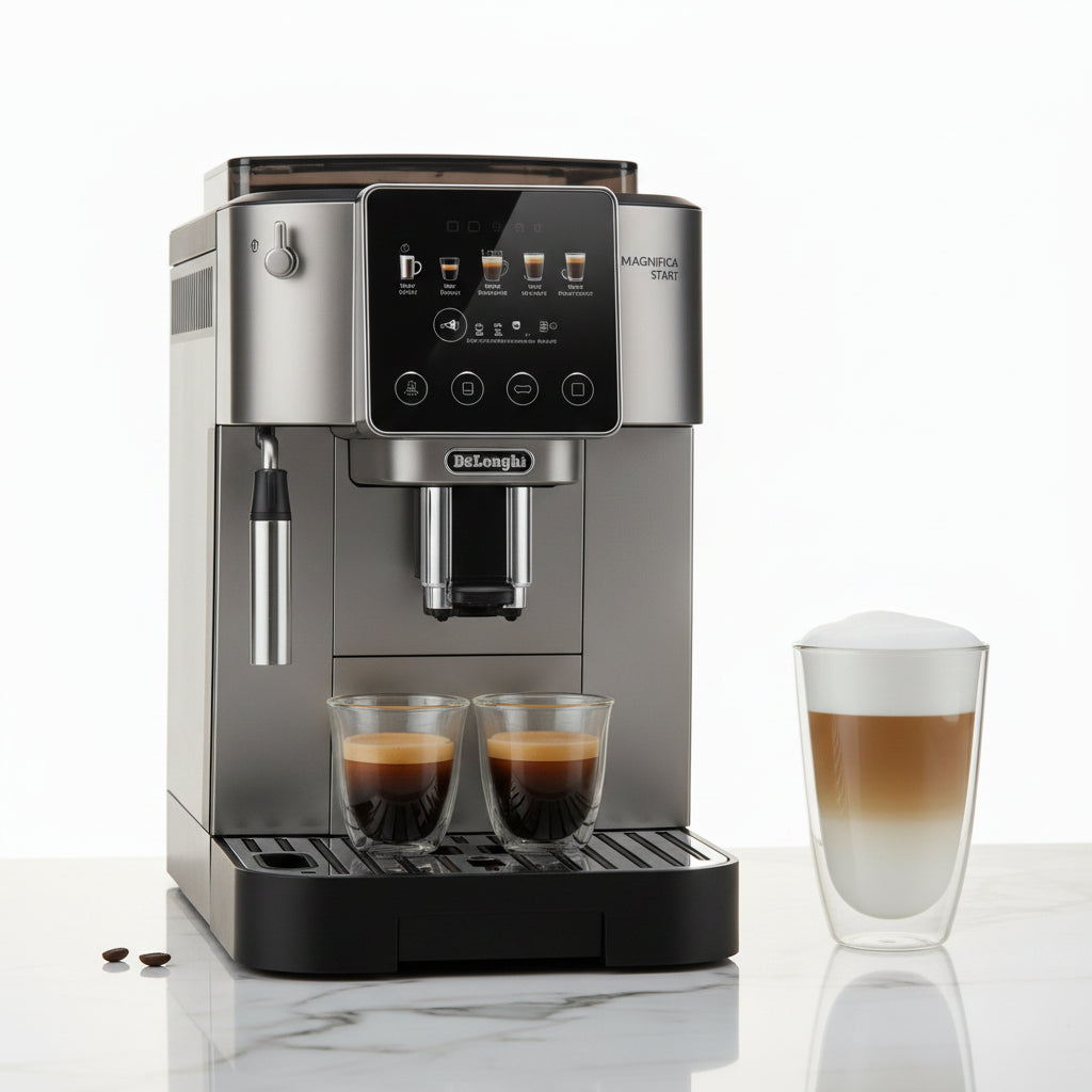 De'Longhi coffee machine with two cups of coffee and a glass on a white background